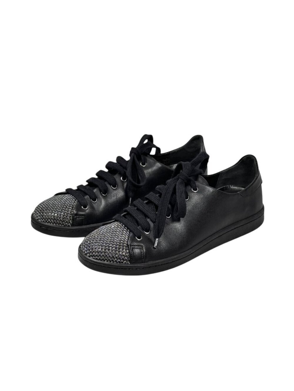 SCHUTZ Womens Black Leather Sneakers Size 9 Rhinestones Cap Toe Lace Up